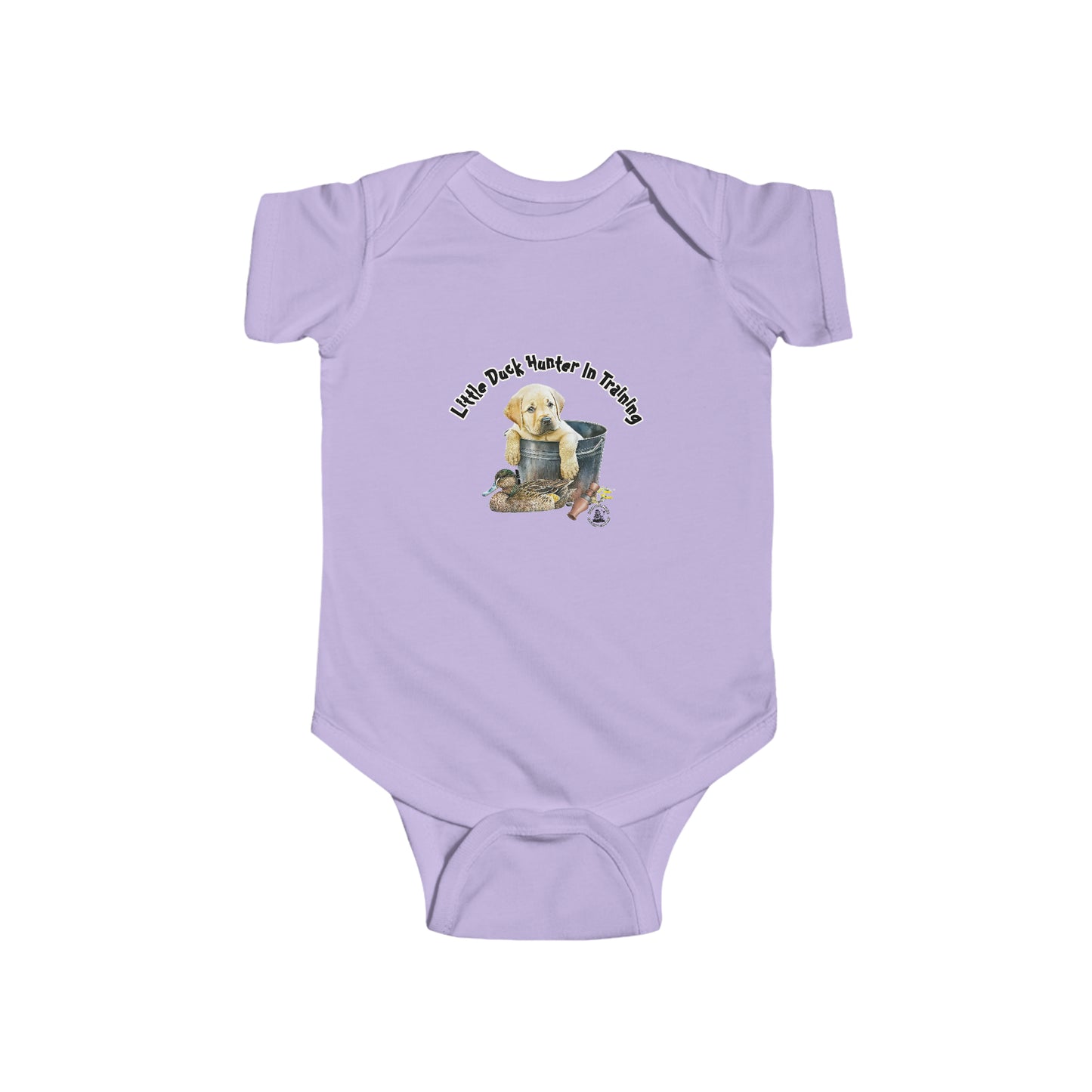 Little Duck Hunter In Training Infant Fine Jersey Bodysuit Yellow Lab Puppy