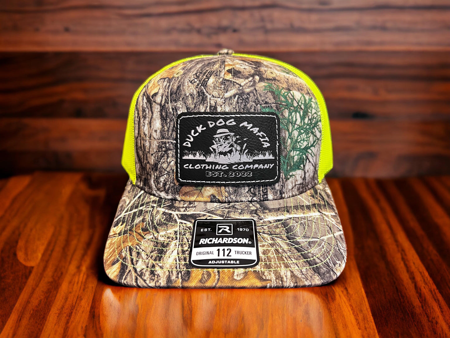 Duck Dog Mafia Mossy Oak/Neon Green ack Leather Patch Hat