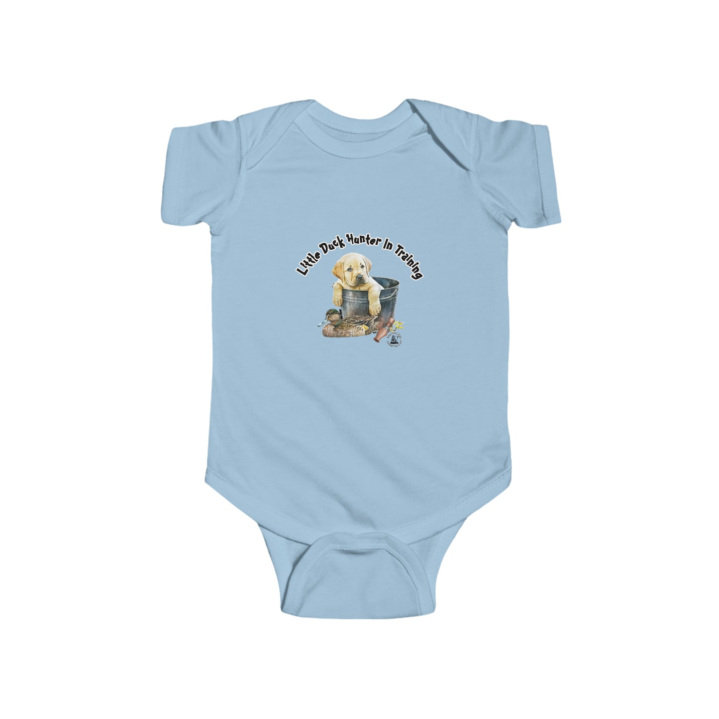 Little Duck Hunter In Training Infant Fine Jersey Bodysuit Yellow Lab Puppy