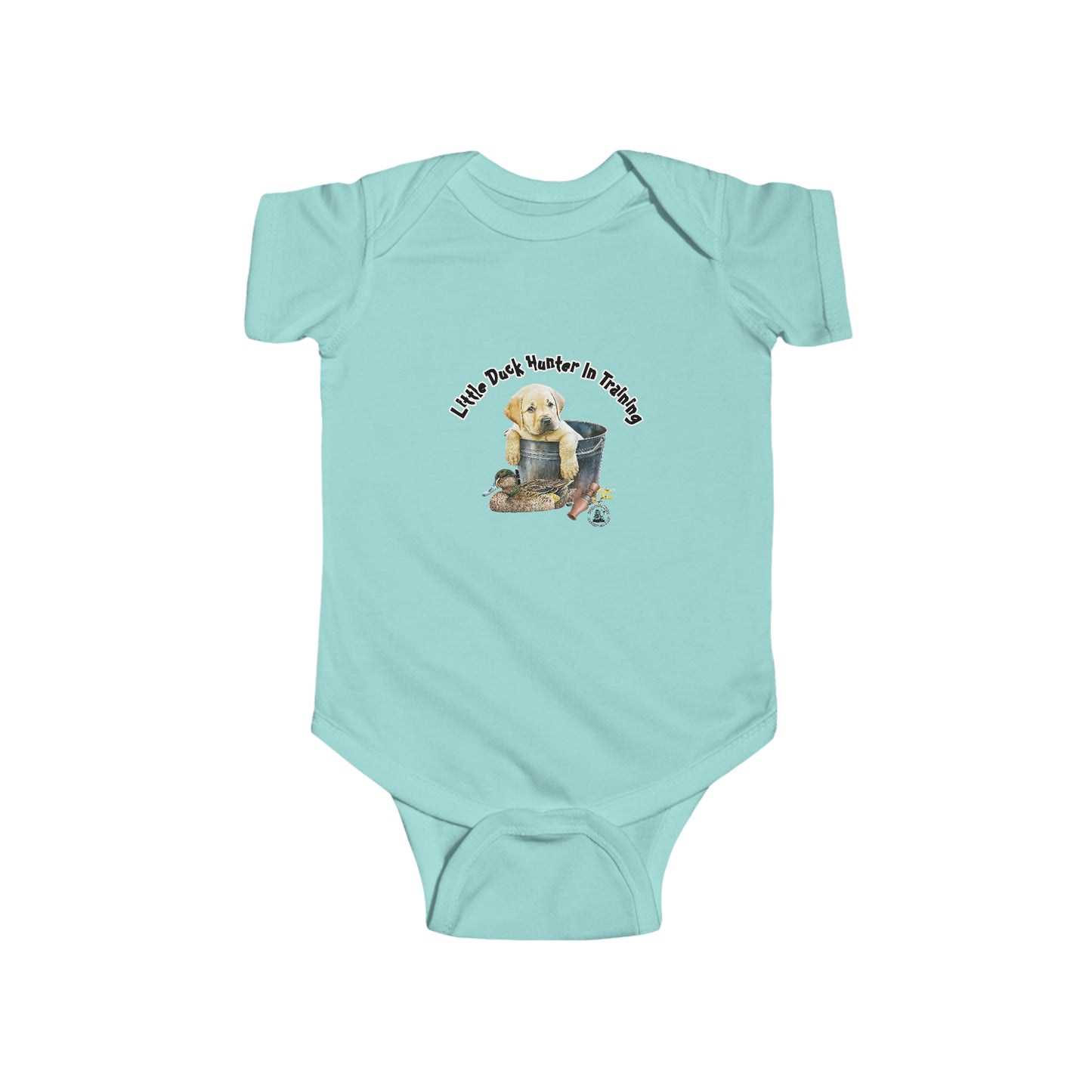 Little Duck Hunter In Training Infant Fine Jersey Bodysuit Yellow Lab Puppy