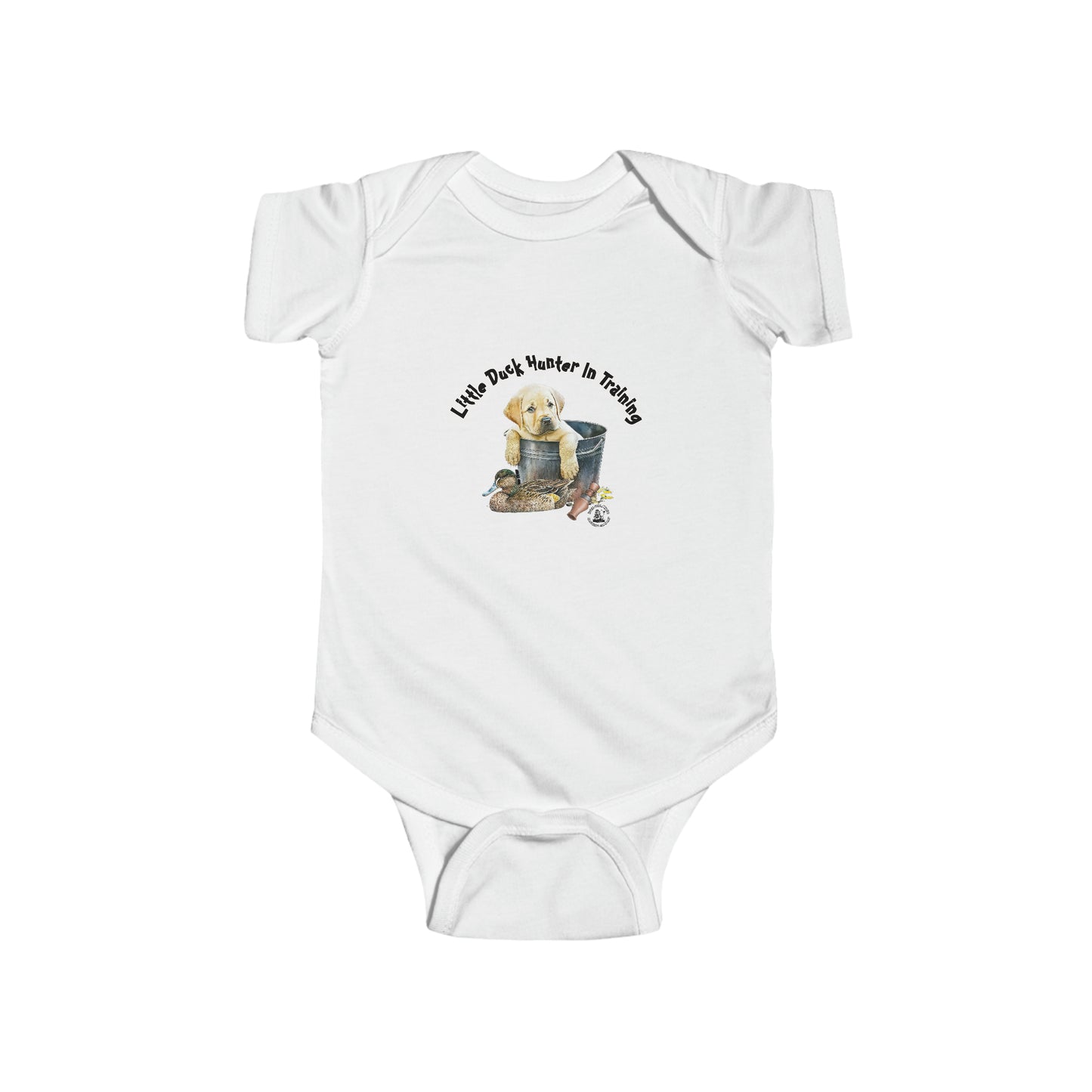Little Duck Hunter In Training Infant Fine Jersey Bodysuit Yellow Lab Puppy