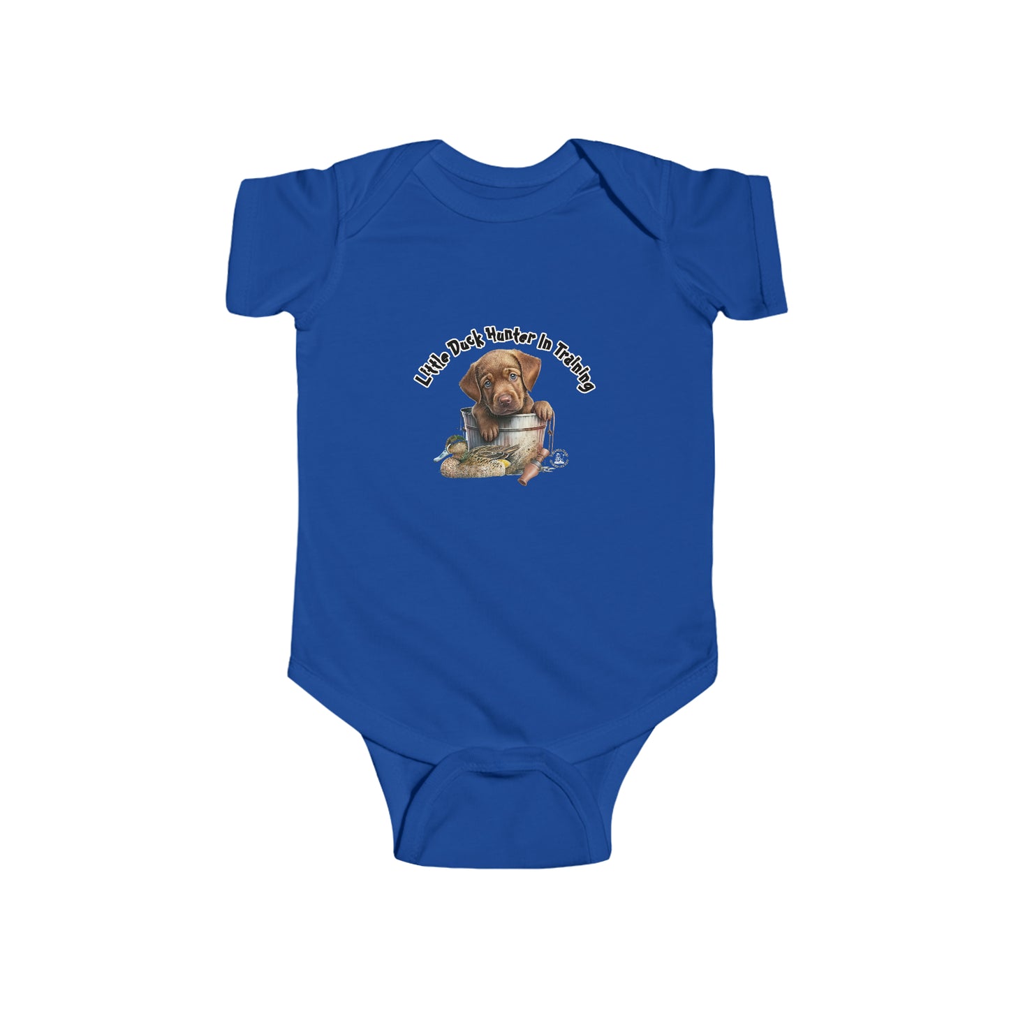 Little Duck Hunter In Training Infant Fine Jersey Bodysuit Yellow Lab Puppy
