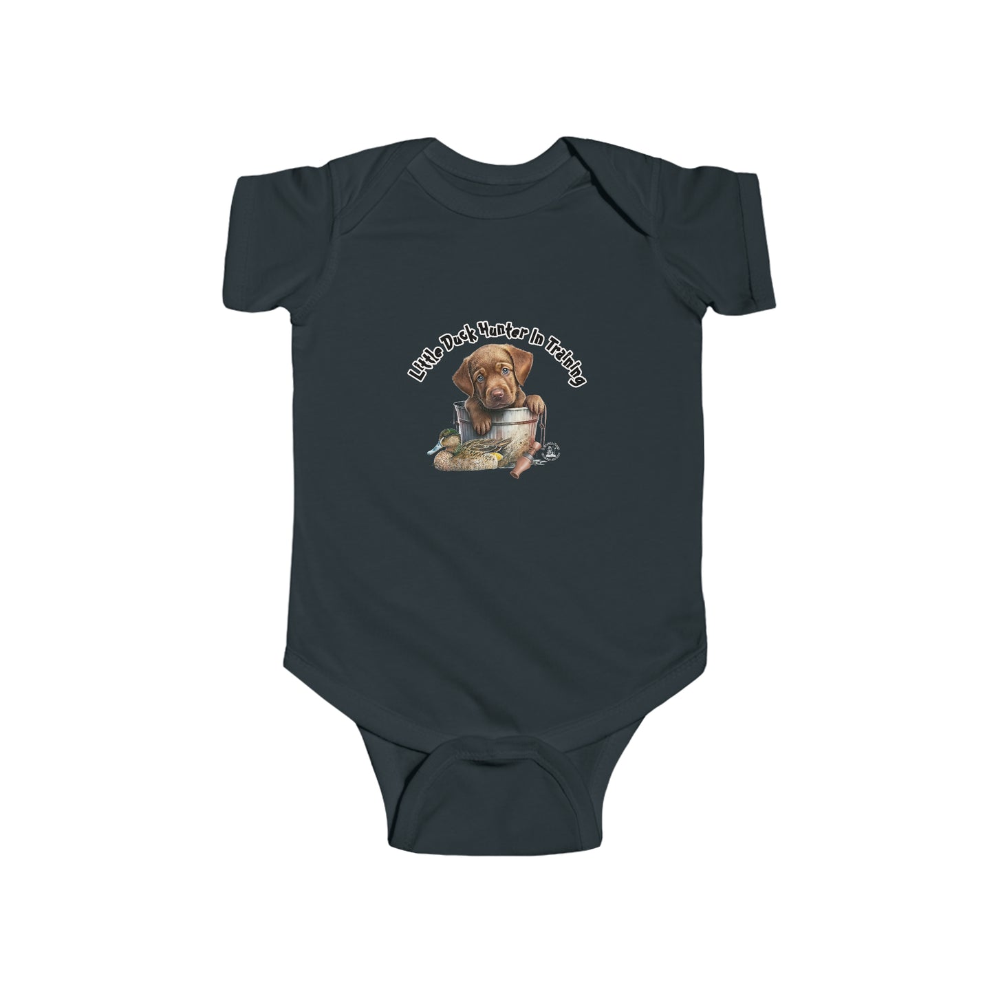 Little Duck Hunter In Training Infant Fine Jersey Bodysuit Yellow Lab Puppy