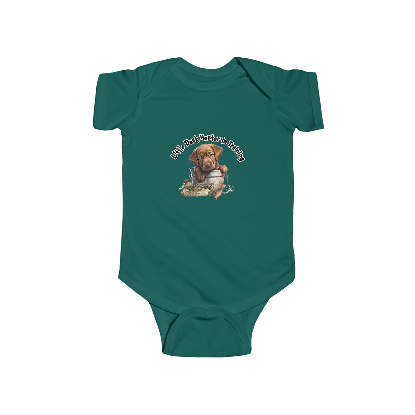 Little Duck Hunter In Training Infant Fine Jersey Bodysuit Yellow Lab Puppy