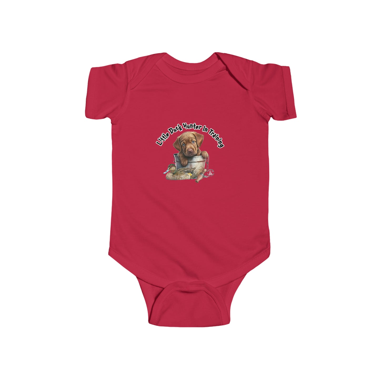 Little Duck Hunter In Training Infant Fine Jersey Bodysuit Yellow Lab Puppy