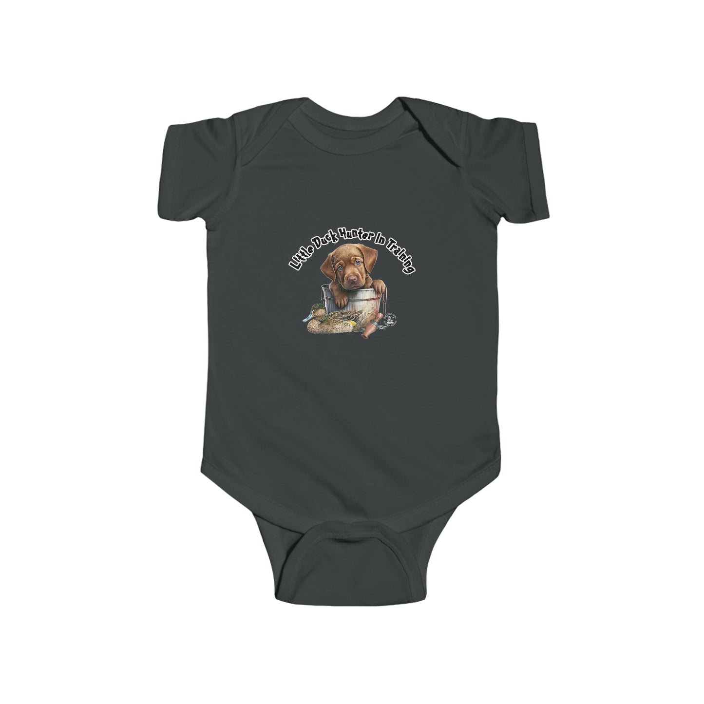Little Duck Hunter In Training Infant Fine Jersey Bodysuit Yellow Lab Puppy