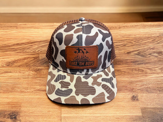 Take 'Em Boys Brown Retro Camo Leather Patch Hat