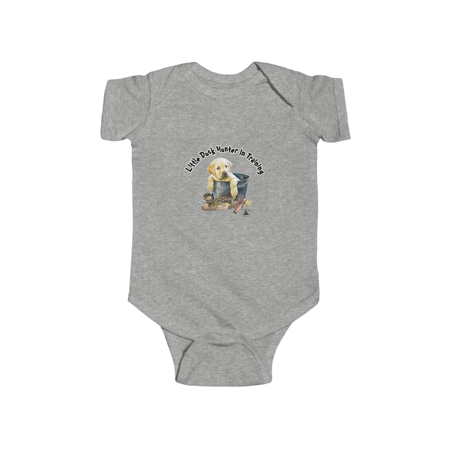 Little Duck Hunter In Training Infant Fine Jersey Bodysuit Yellow Lab Puppy