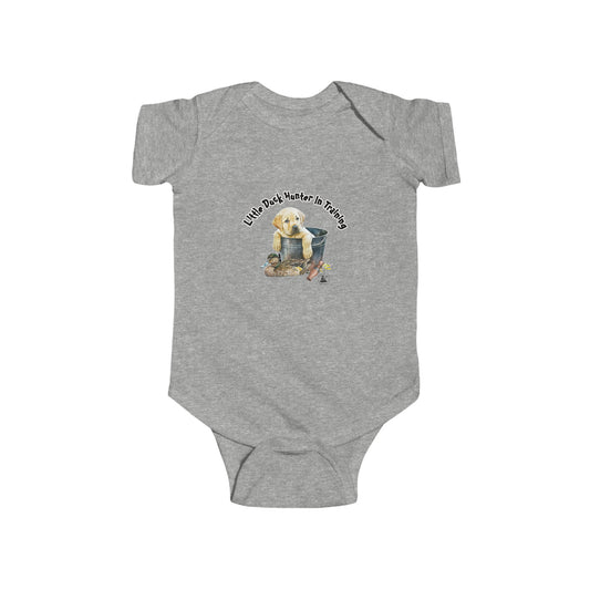 Little Duck Hunter In Training Infant Fine Jersey Bodysuit Yellow Lab Puppy