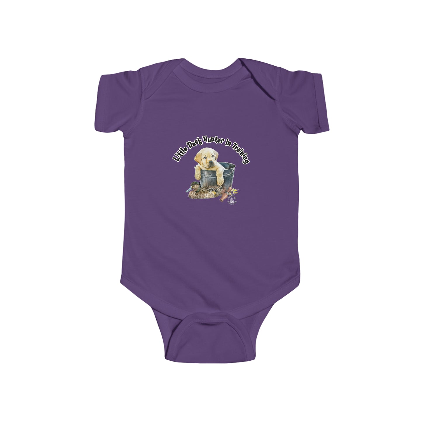 Little Duck Hunter In Training Infant Fine Jersey Bodysuit Yellow Lab Puppy