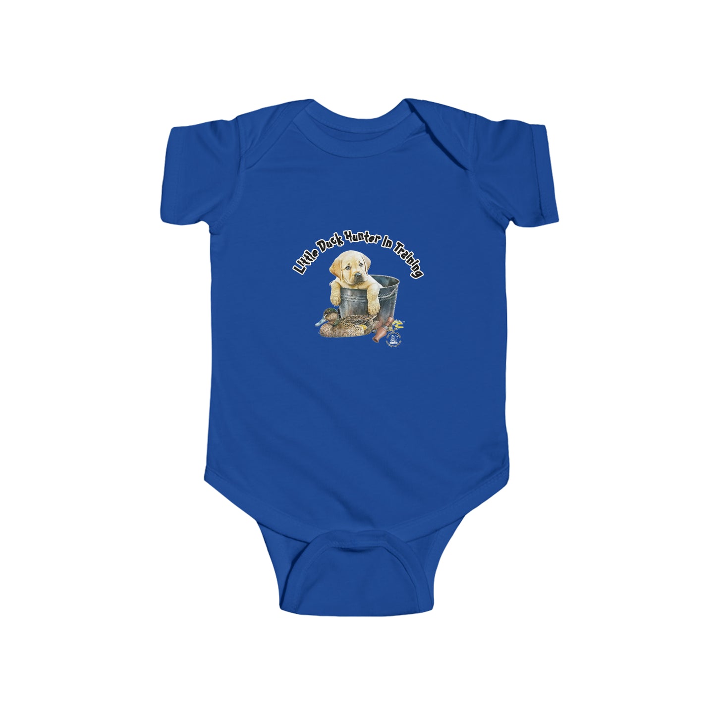 Little Duck Hunter In Training Infant Fine Jersey Bodysuit Yellow Lab Puppy