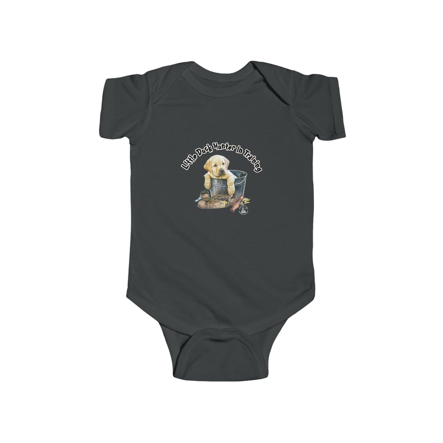 Little Duck Hunter In Training Infant Fine Jersey Bodysuit Yellow Lab Puppy