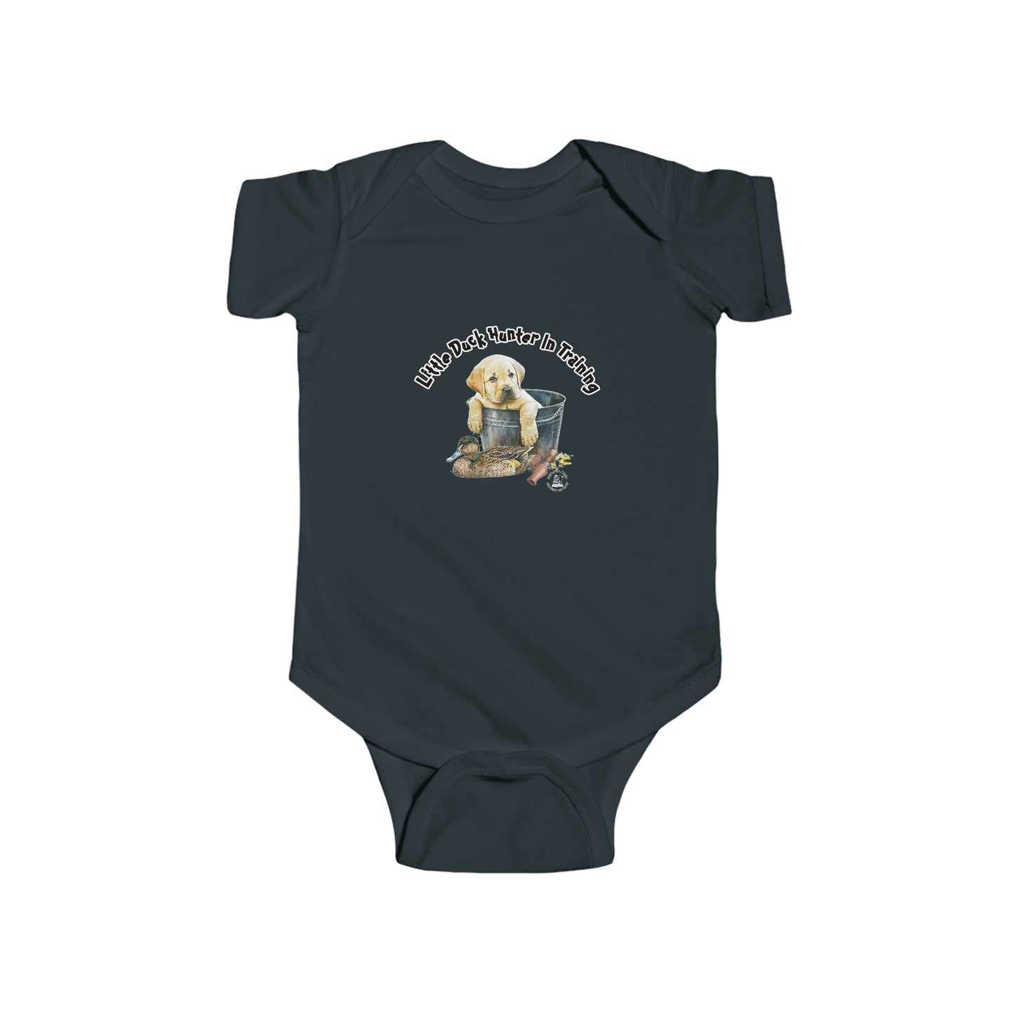 Little Duck Hunter In Training Infant Fine Jersey Bodysuit Yellow Lab Puppy