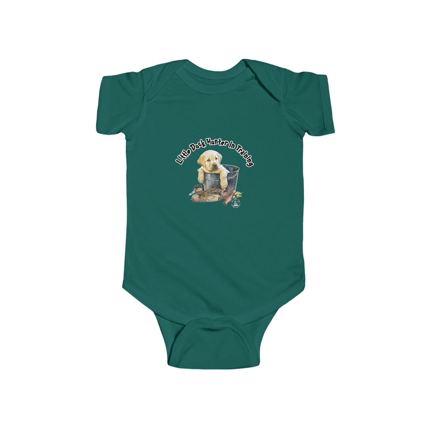 Little Duck Hunter In Training Infant Fine Jersey Bodysuit Yellow Lab Puppy