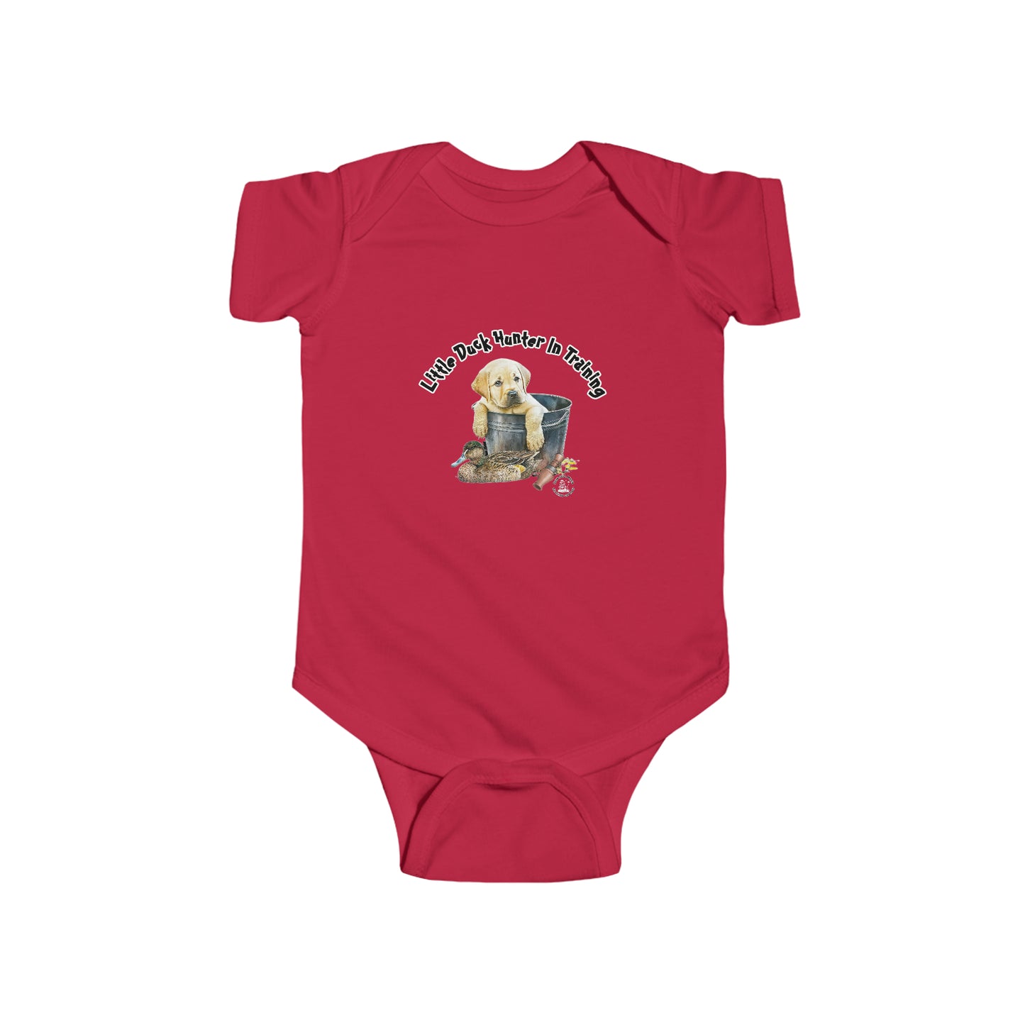 Little Duck Hunter In Training Infant Fine Jersey Bodysuit Yellow Lab Puppy