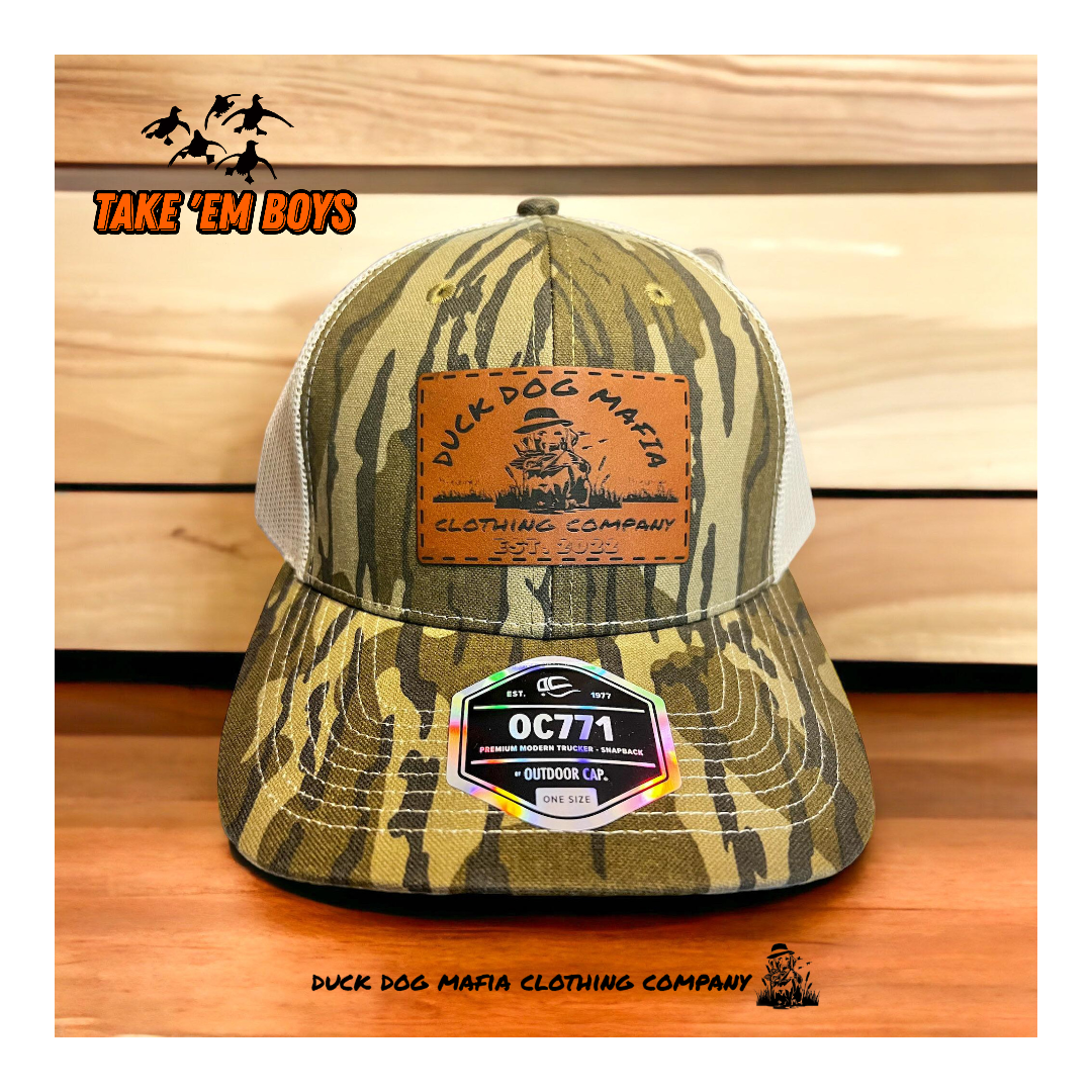 Duck Dog Mafia Clothing Company Leather Patch Hat. Bottom Land Camo