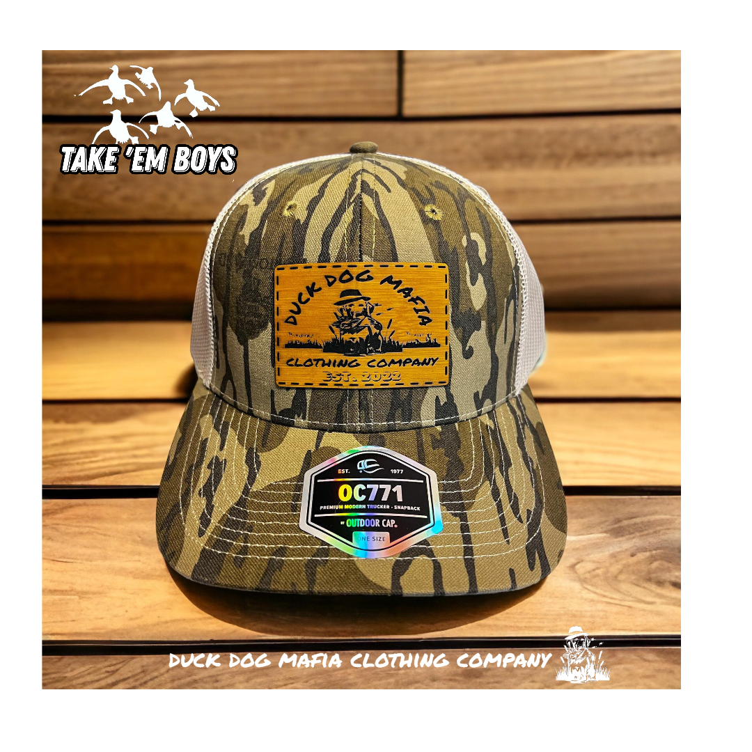 Duck Dog Mafia Clothing Company Leather Patch Hat. Bottom Land Camo